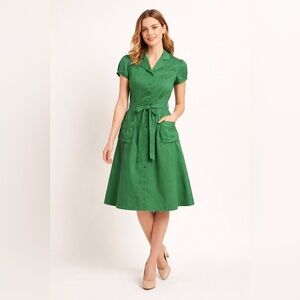 Vintage Forever Green Cotton Fit and Flare Dress 50s Inspired Tie Waist